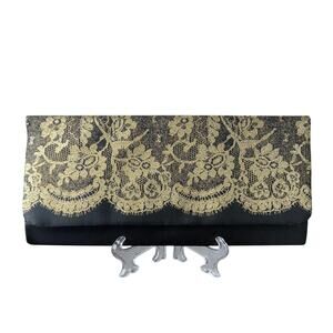 Black and Gold Lace Glitter Print Satin Clutch Purse  - 10w x 5h x 1D